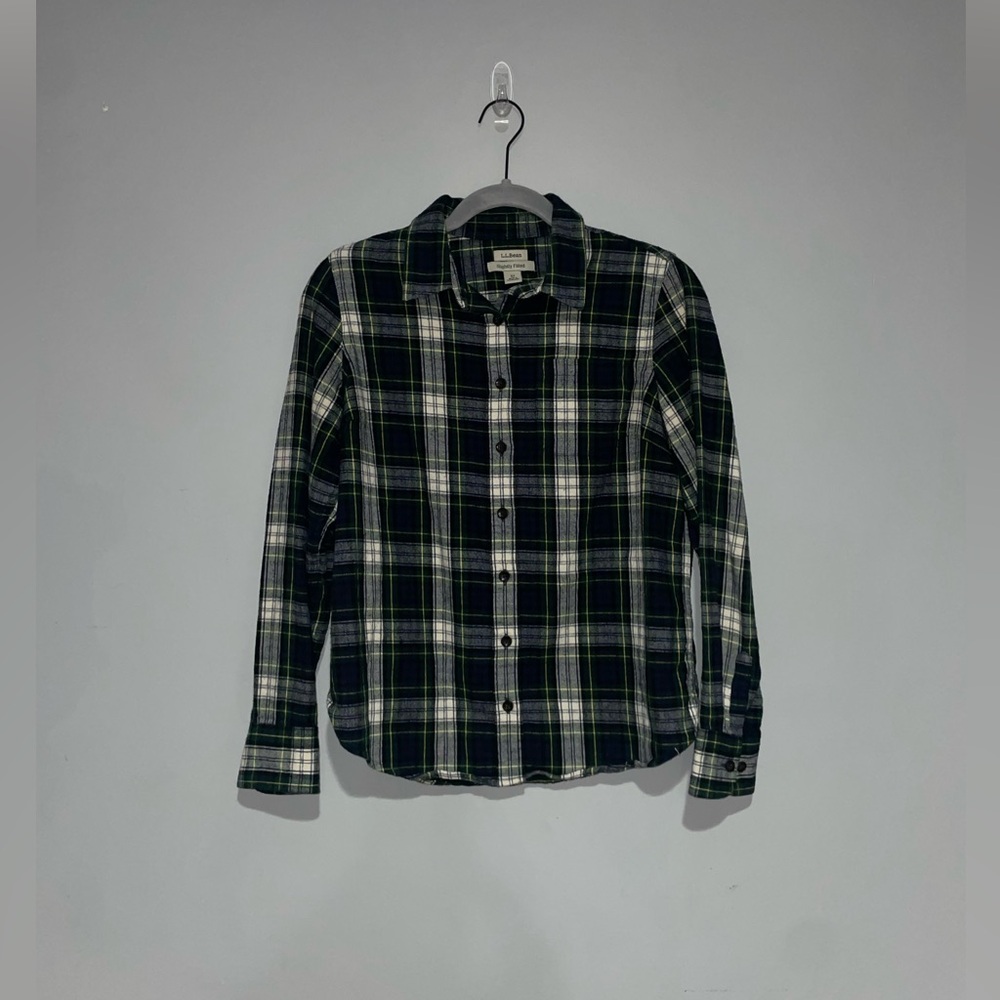 L.L. Bean Women’s Casual Plaid Flannel Shirt - Navy, Green, and White